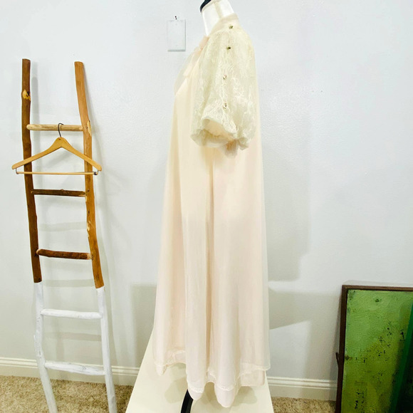 Vintage Twin Roses Chiffon Overlay Robe W/Lace Sleeves & Tiny Rosettes OS - Picture 6 of 11